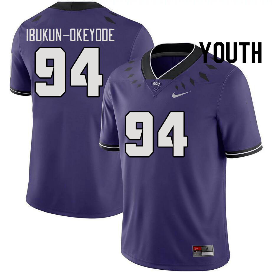 Youth #94 Micheal Ibukun-Okeyode TCU Horned Frogs 2023 College Footbal Jerseys Stitched-Purple - Click Image to Close